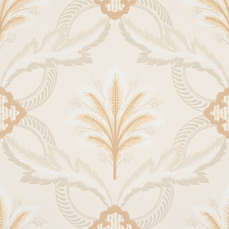 Front Waltz wallpaper in grey and gold by Schumacher, featuring a stylized trelliswork of leaves, flowers, and palm plumes in an elegant, timeless design.