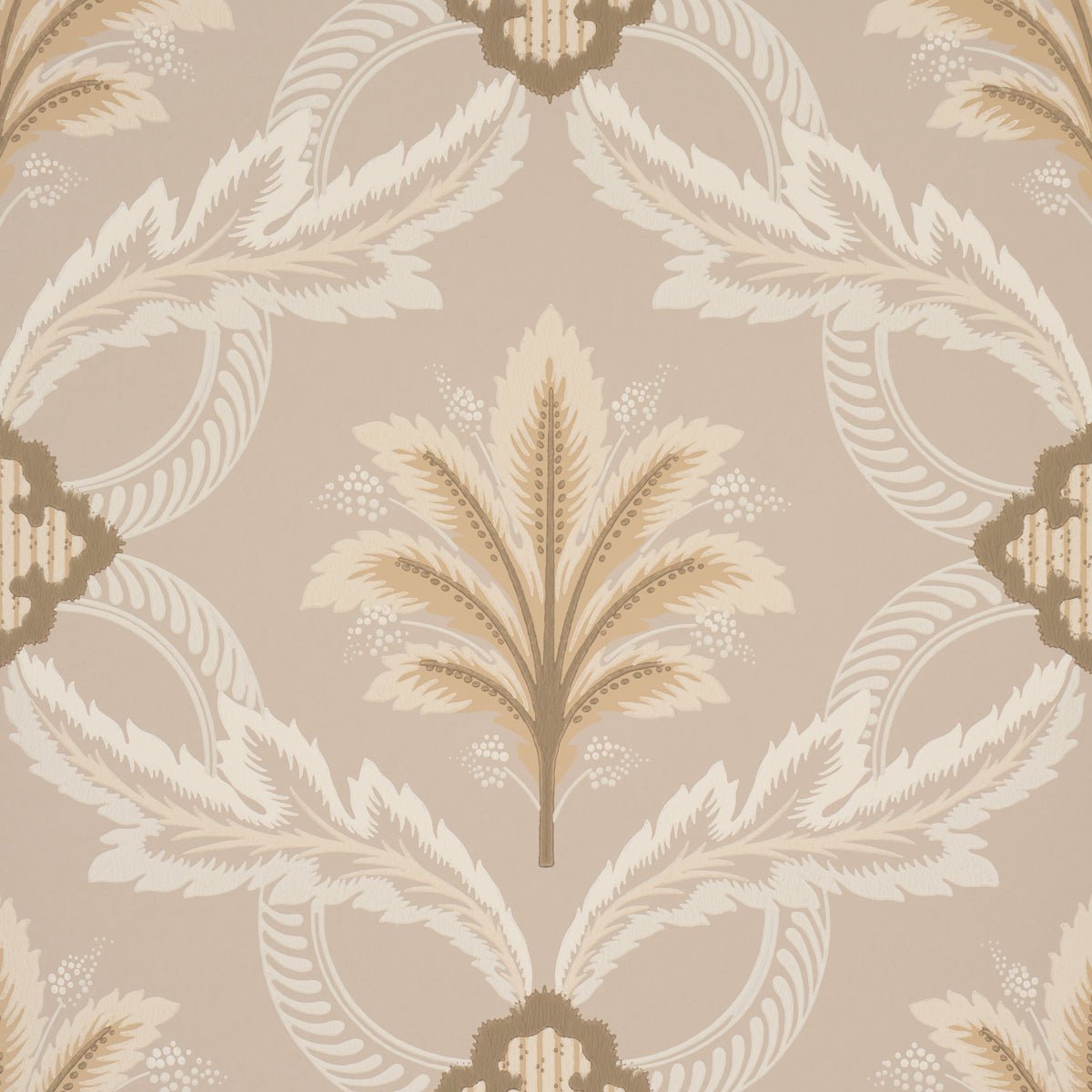 Front Waltz wallpaper in taupe with stylized trelliswork of leaves and palm plumes, Schumacher Wallflowers II collection.