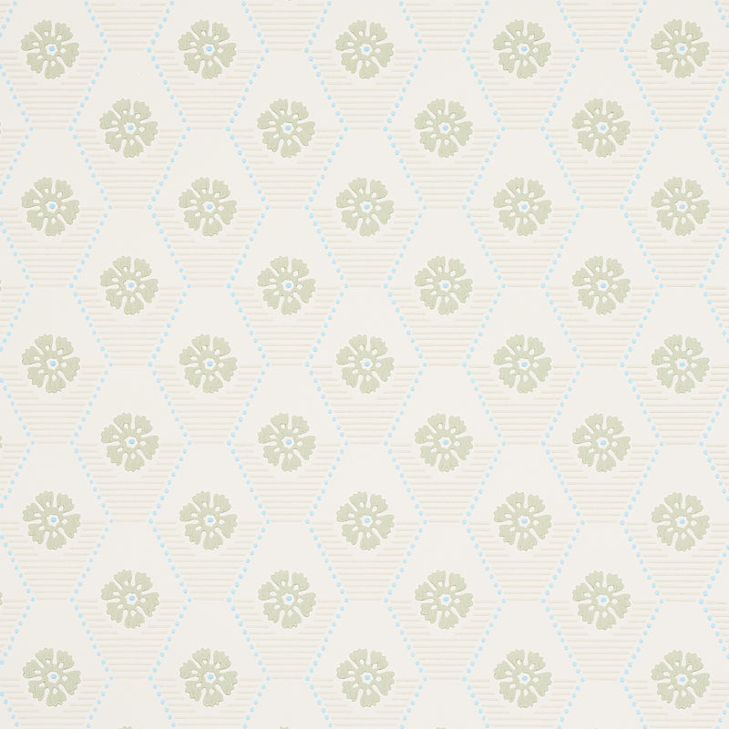 Hive Bloom wallpaper in sage by Schumacher, featuring a geometric floral pattern from the Hobe Erwin collection.