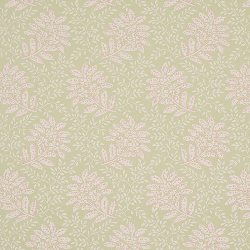 Secret Garden wallpaper in green by Schumacher, featuring leafy floral bouquets and vines in a soft, graphic pattern.