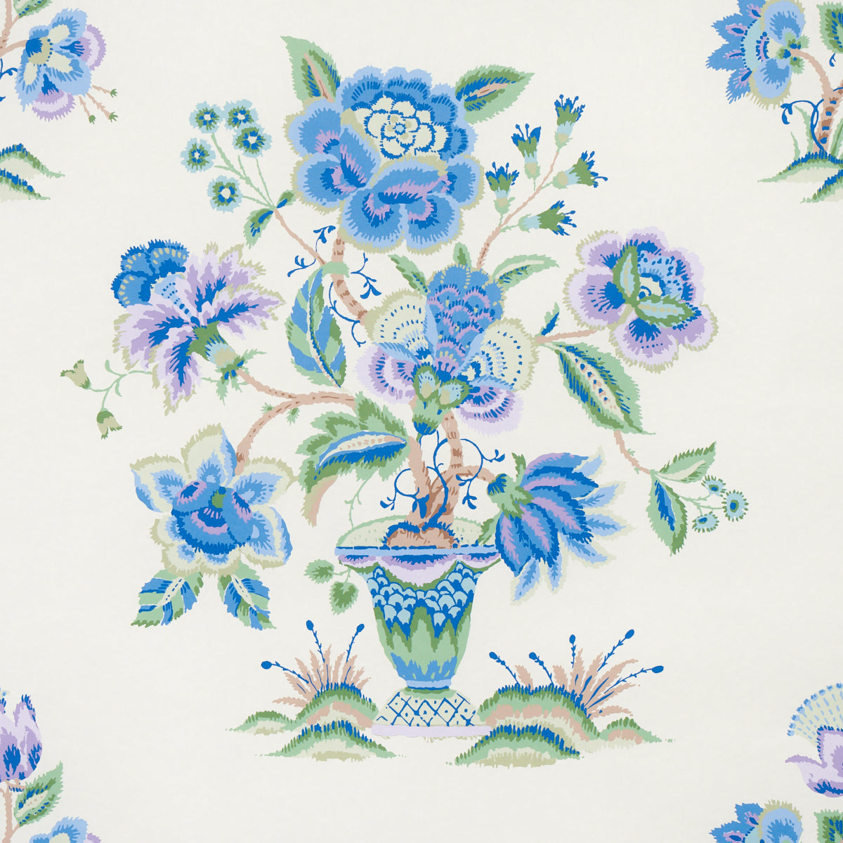 Ashford wallpaper in cornflower and lilac, featuring exuberant flowering plants in a painted cachepot, Schumacher Classics collection.