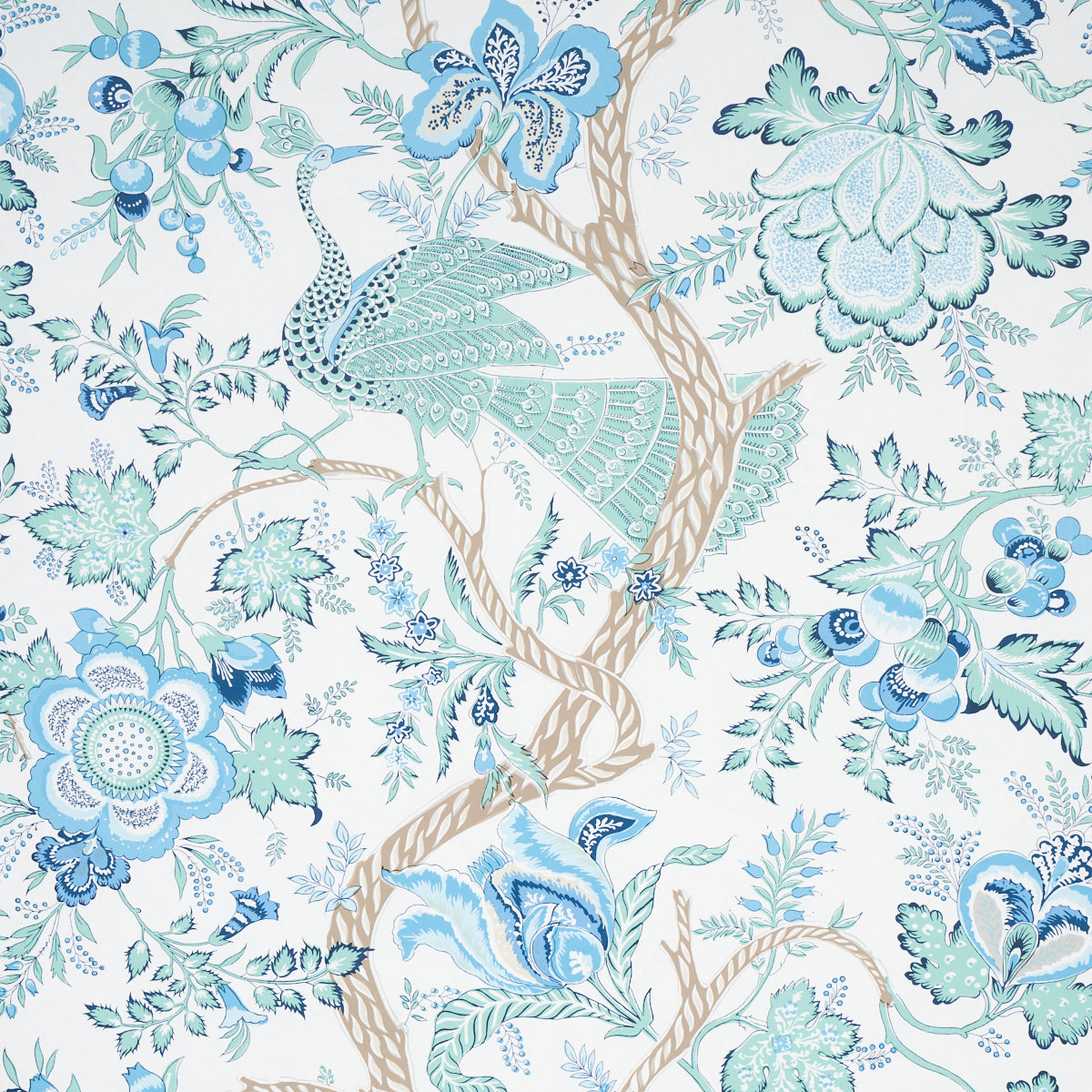 Aveline wallpaper in Seaglass by Schumacher, featuring regal peacocks and flowering vines in blue and green tones.