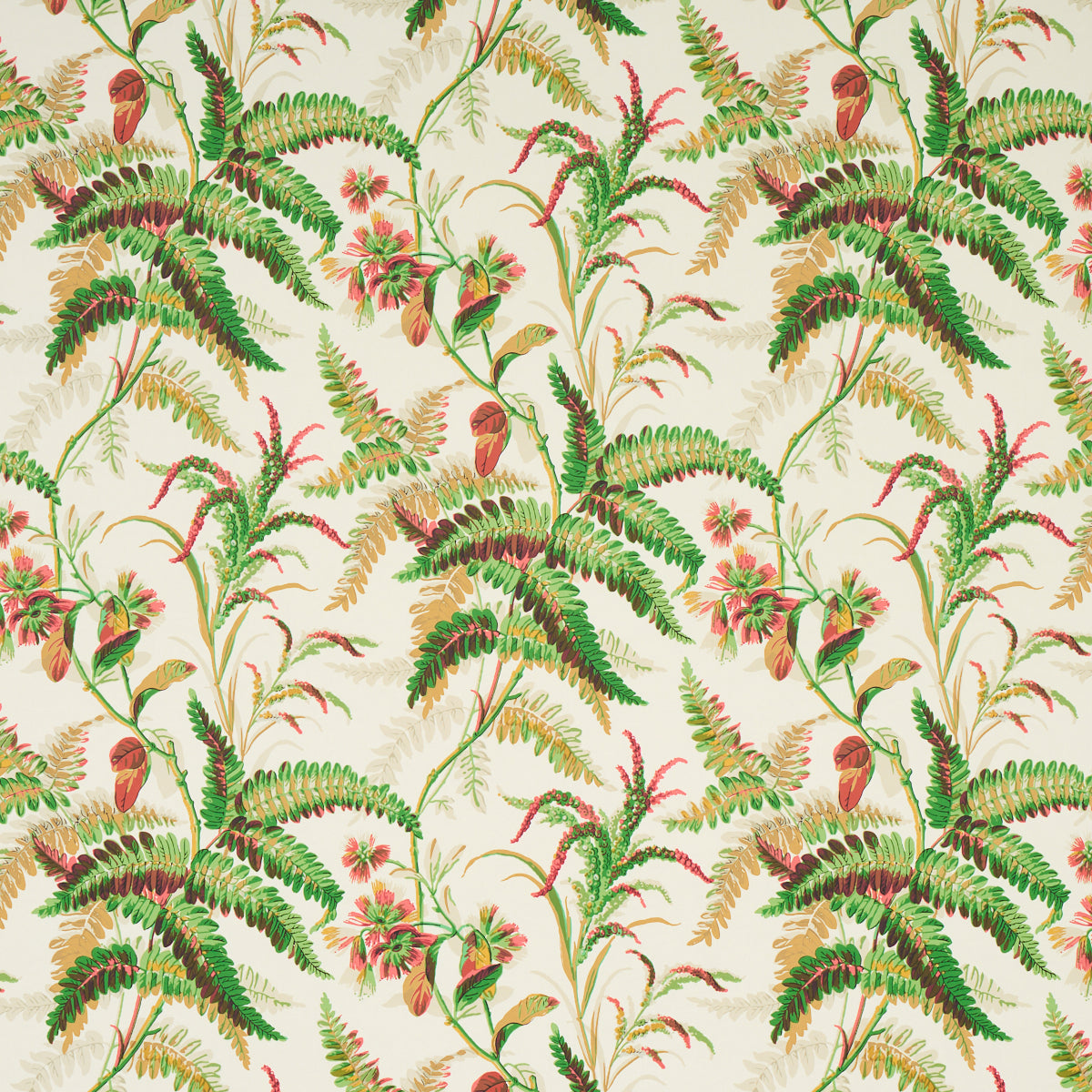 Myers Fern wallpaper in Document colorway by Schumacher, featuring lush green ferns and pink flowers on a cream background.