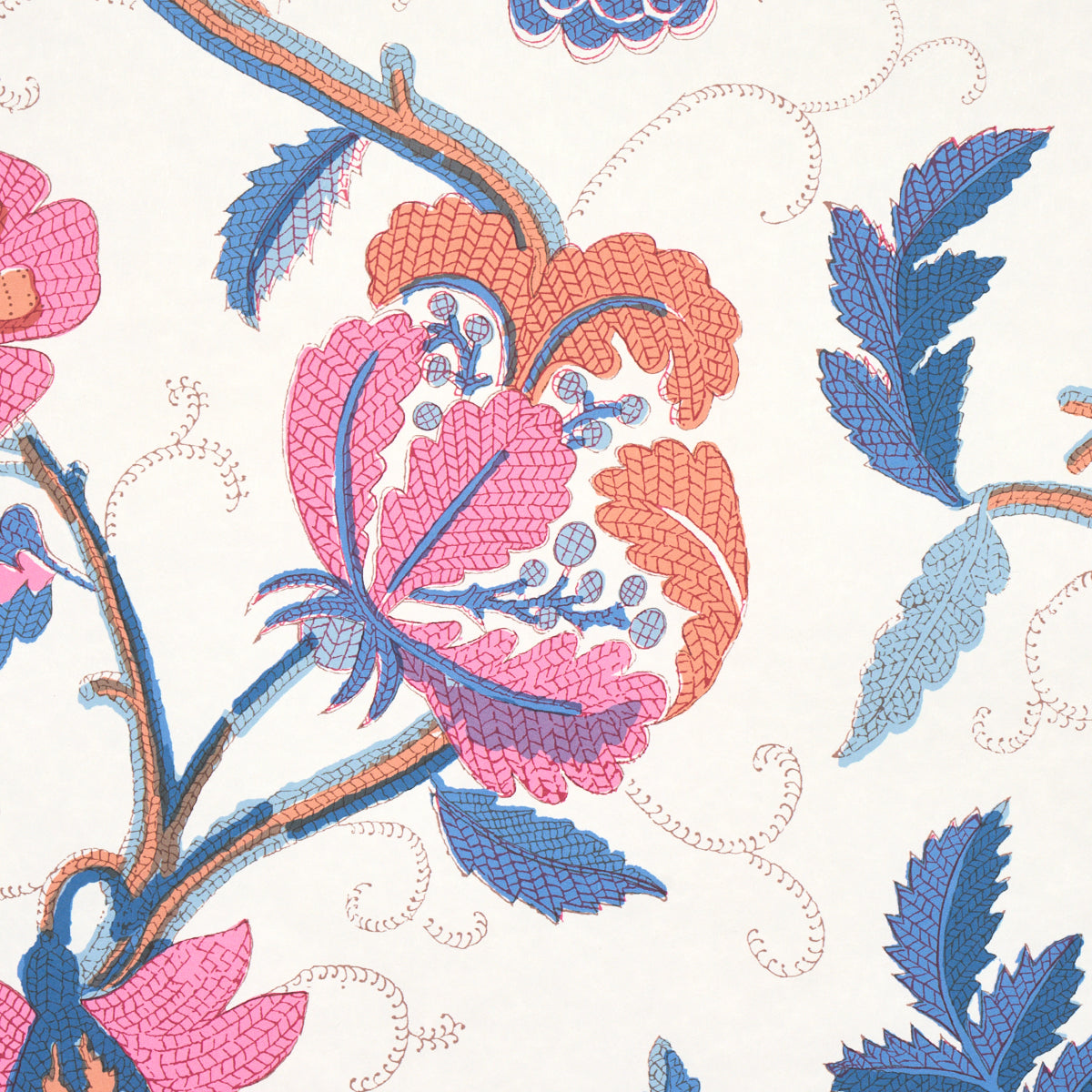 Indali Rose & Indigo by Schumacher 1920s Block-Printed Floral Vine Wallpaper – Schumacher 5013242