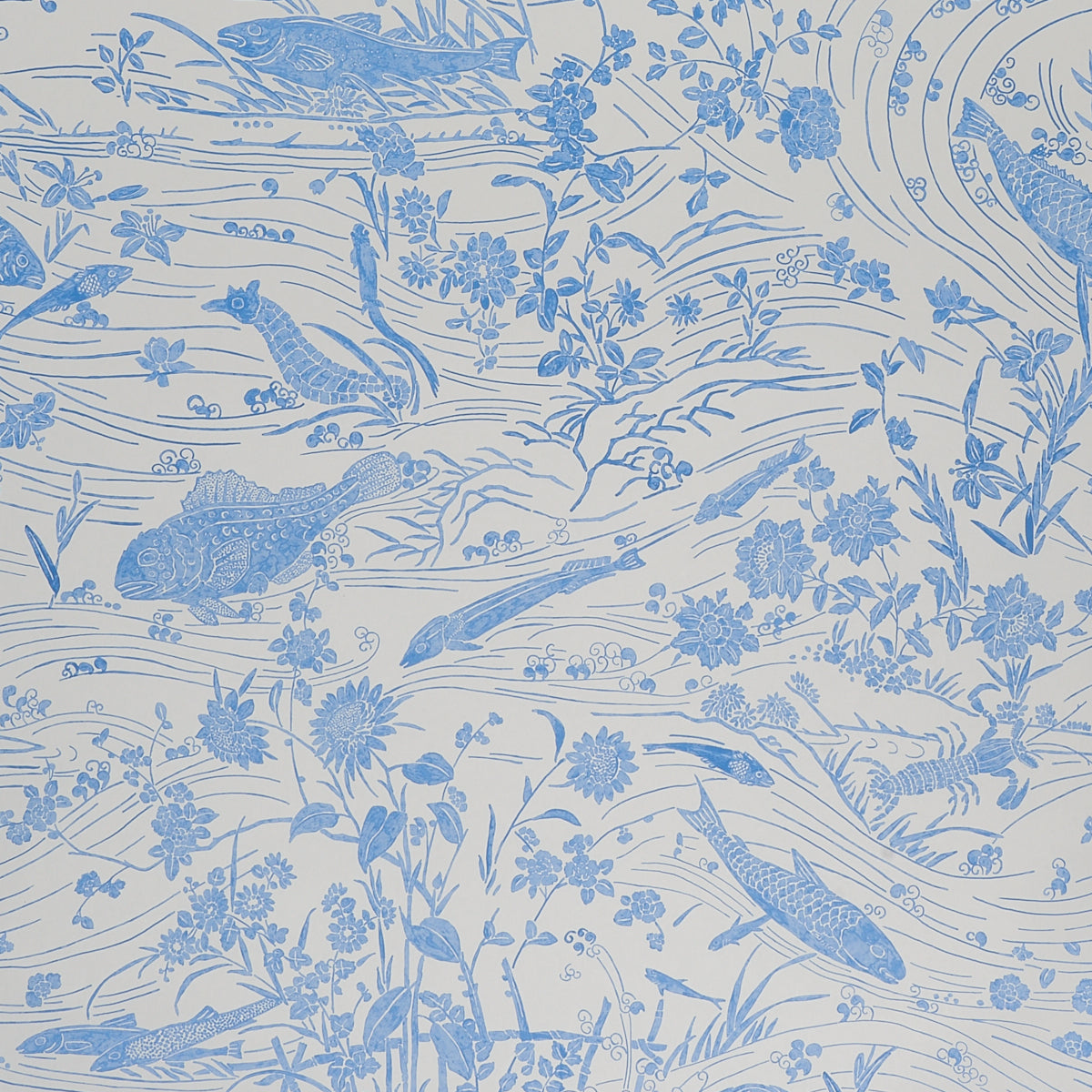 Sea Garden wallpaper in porcelain blue by Schumacher, featuring an underwater scene with fantastical sea creatures and aquatic flowers.