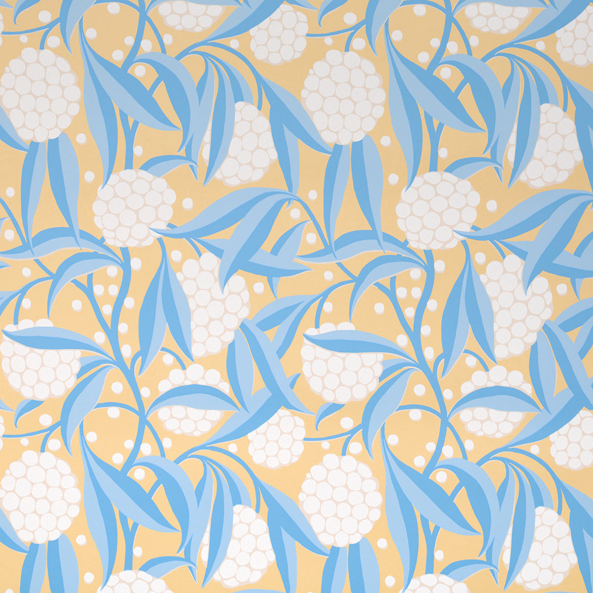 Rubus yellow painterly floral wallpaper with stylized two-tone leaves and large graphic globes of flowers by Schumacher