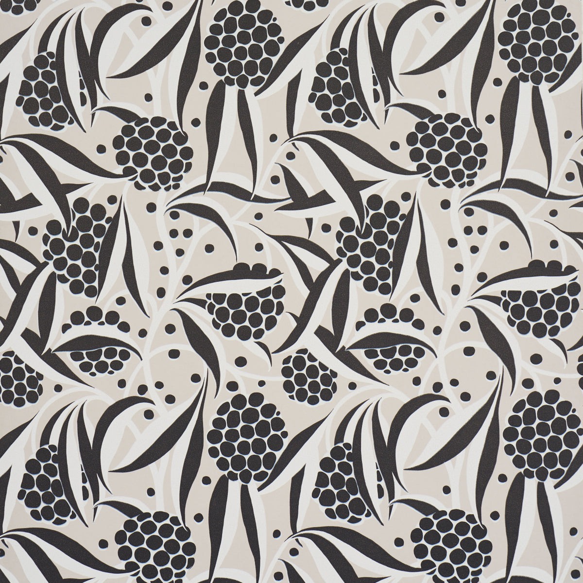 RUBUS wallpaper in Stone by Schumacher features a painterly floral design with stylized two-tone leaves and large graphic globes of flowers.