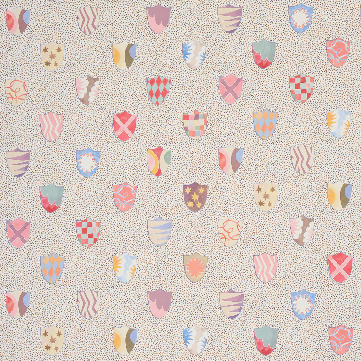 Heraldic wallpaper in Sprezzatura by Happy Menocal for Schumacher, featuring colorful painterly shields on a dotted background.