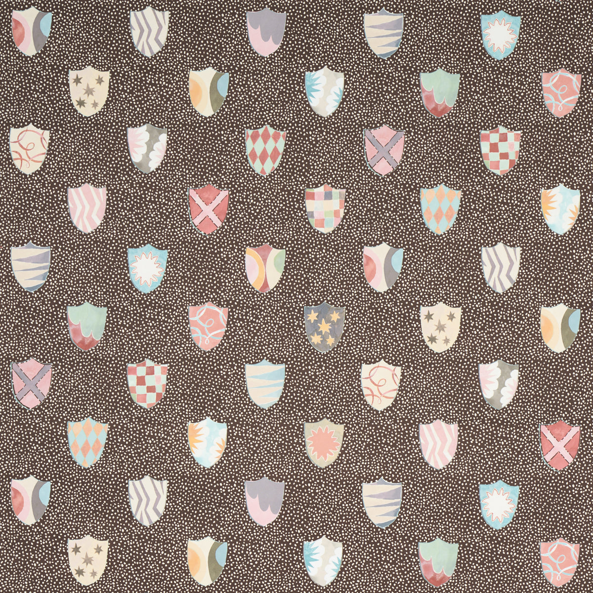 Heraldic wallpaper in brown by Happy Menocal for Schumacher, featuring whimsical colorful shields on a dotted background.