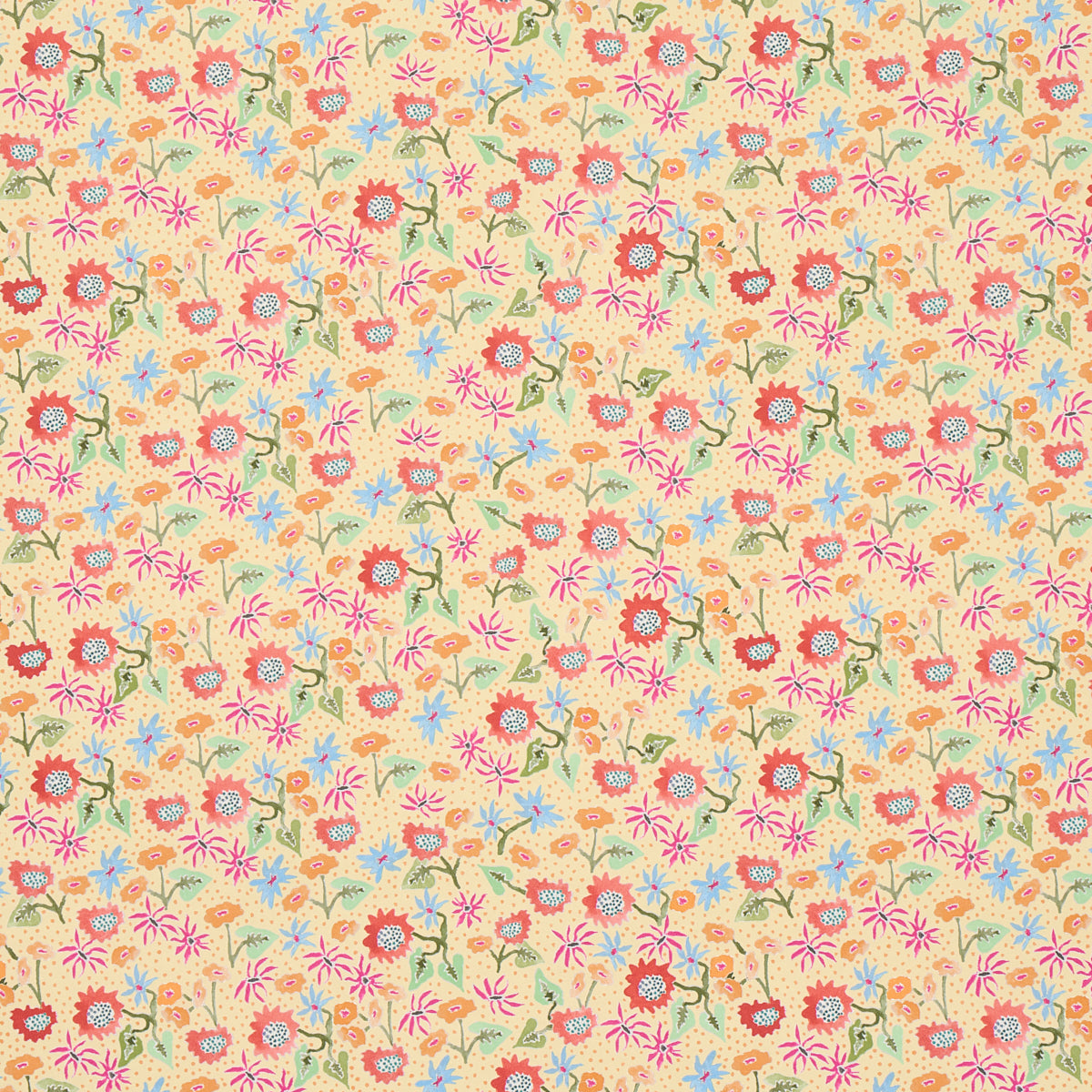 Calico Giverny by Happy Menocal for Schumacher. Multicolor microfloral wallpaper with stylized flowers on a stippled background.