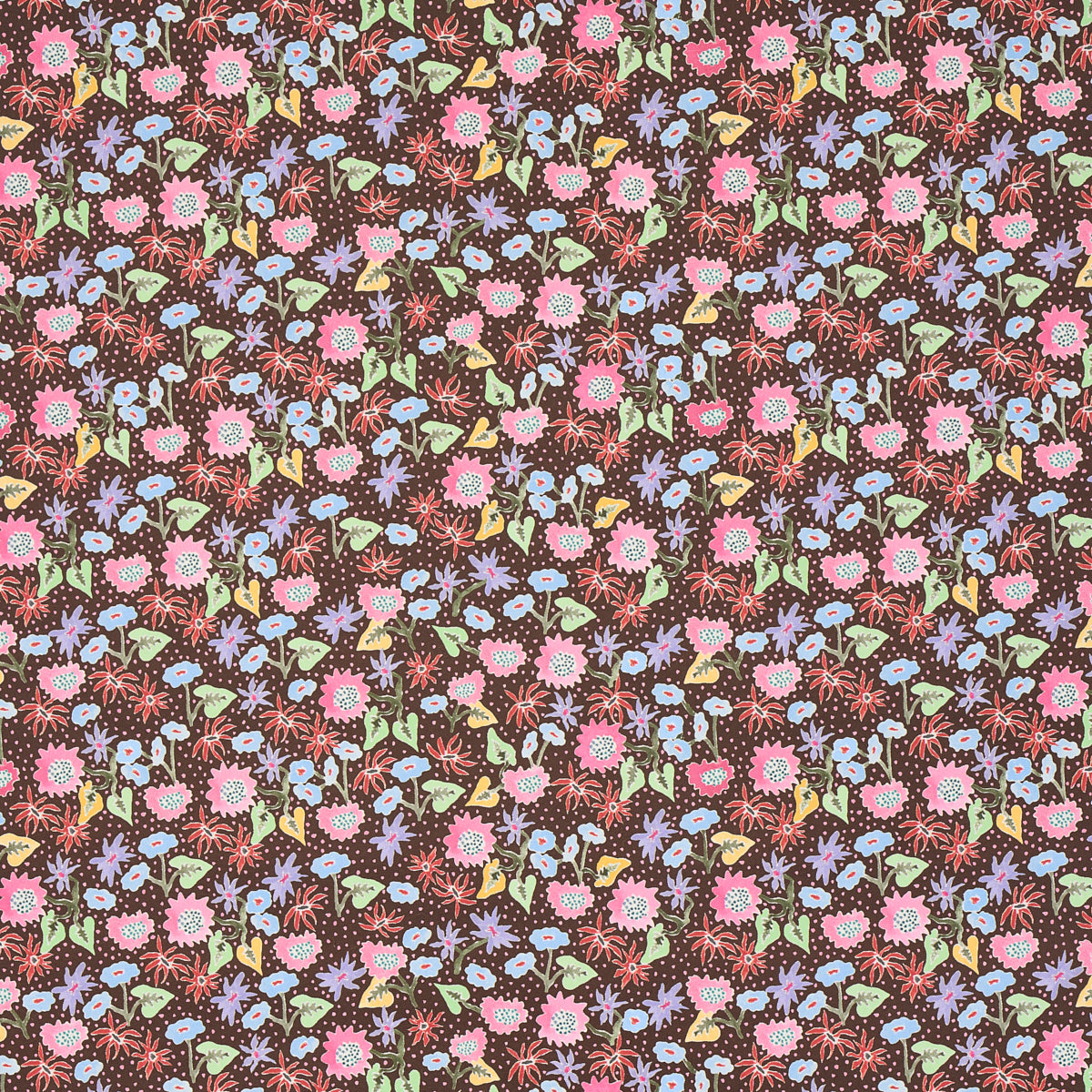 Calico by Happy Menocal for Schumacher - multicolor microfloral wallpaper in multi on brown, shown in detail and installed in a bedroom setting.