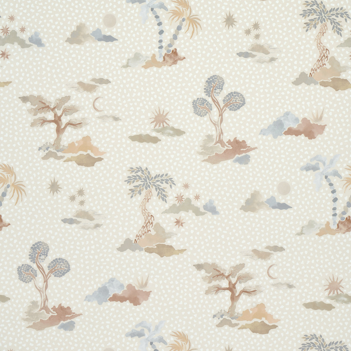 Valletta Moonstone wallpaper by Happy Menocal for Schumacher, featuring exotic trees, celestial motifs, and a hand-painted look in soft pastel tones.