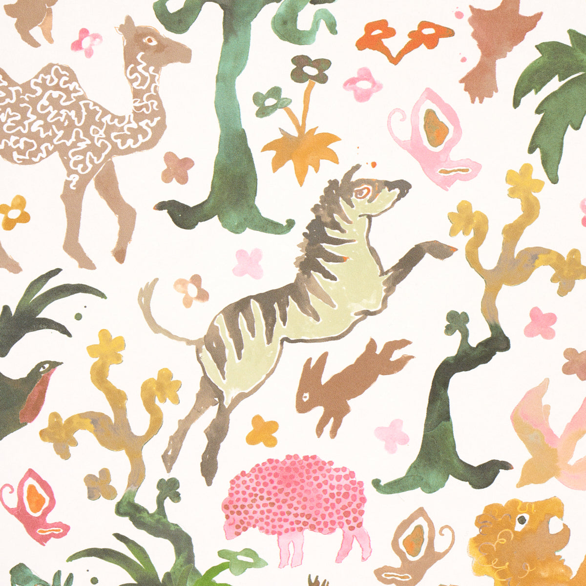 Beasts Pink and Gold by Happy Menocal Whimsical Animal Wallpaper – Schumacher 5013532