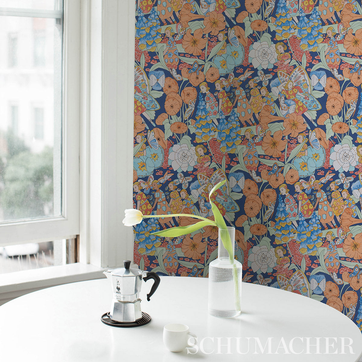 Fairie Garden Orange and Navy by Schumacher Whimsical Fairy Floral Wallpaper – Schumacher 5013540