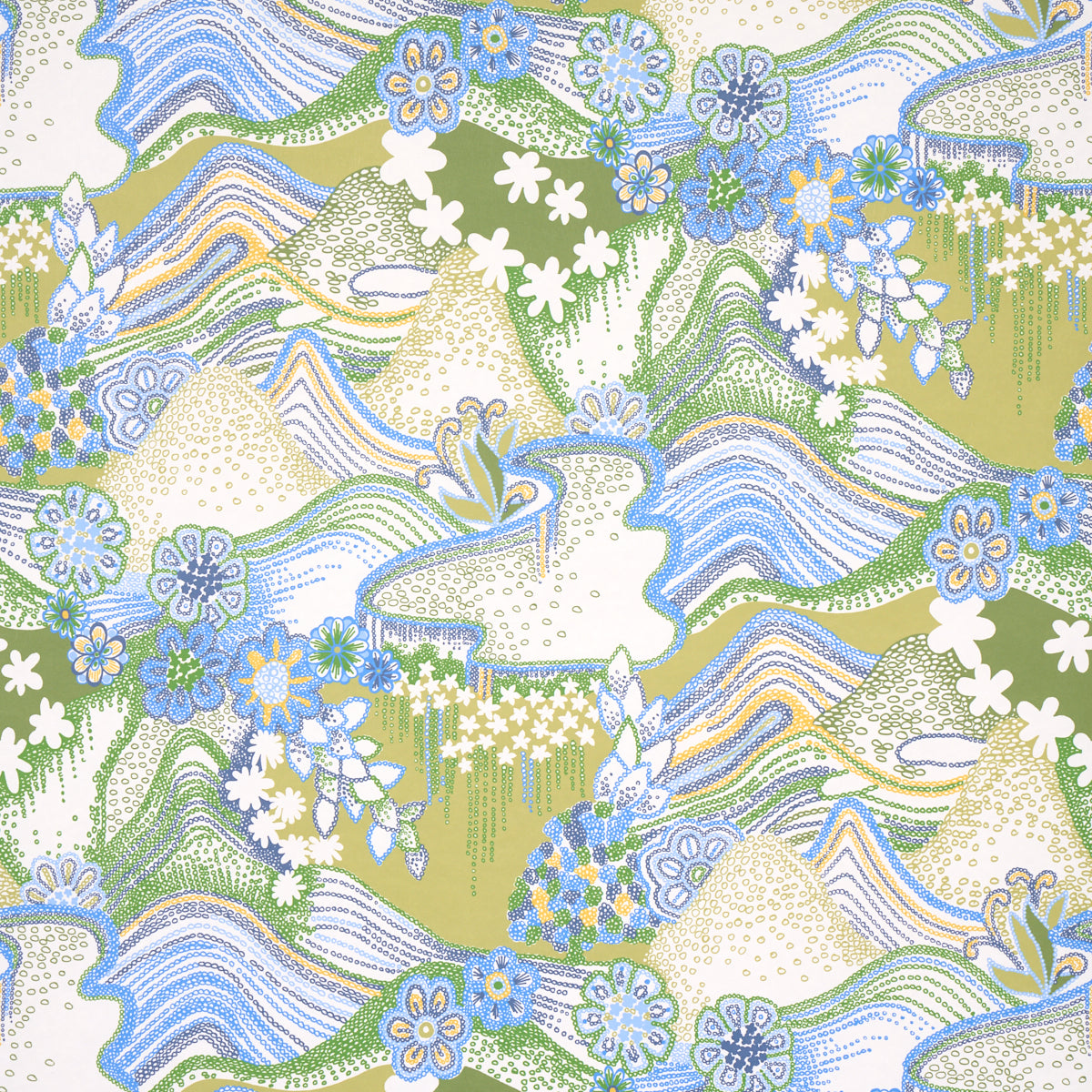 Daisy Chain wallpaper in green and blue by Clements Ribeiro for Schumacher, featuring a psychedelic floral and landscape pattern.