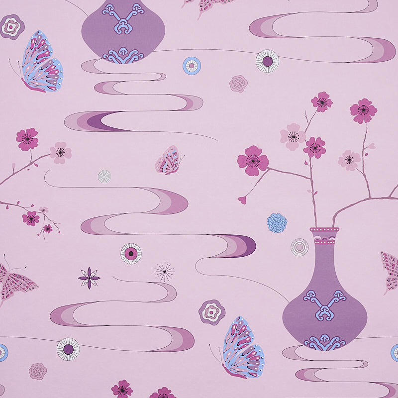 Fantasia wallpaper in peony pink by Cristina Buckley for Schumacher, featuring whimsical vases, cherry blossoms, and butterflies in a chinoiserie style.