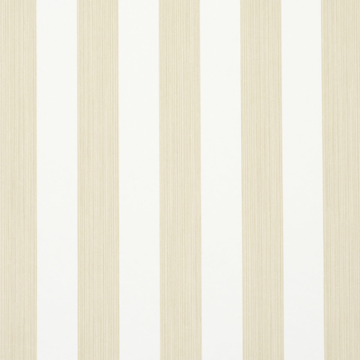 Edwin Stripe Medium wallpaper in Straw by Schumacher, featuring classic vertical stripes in a neutral palette, shown in a styled bedroom and close-up views.