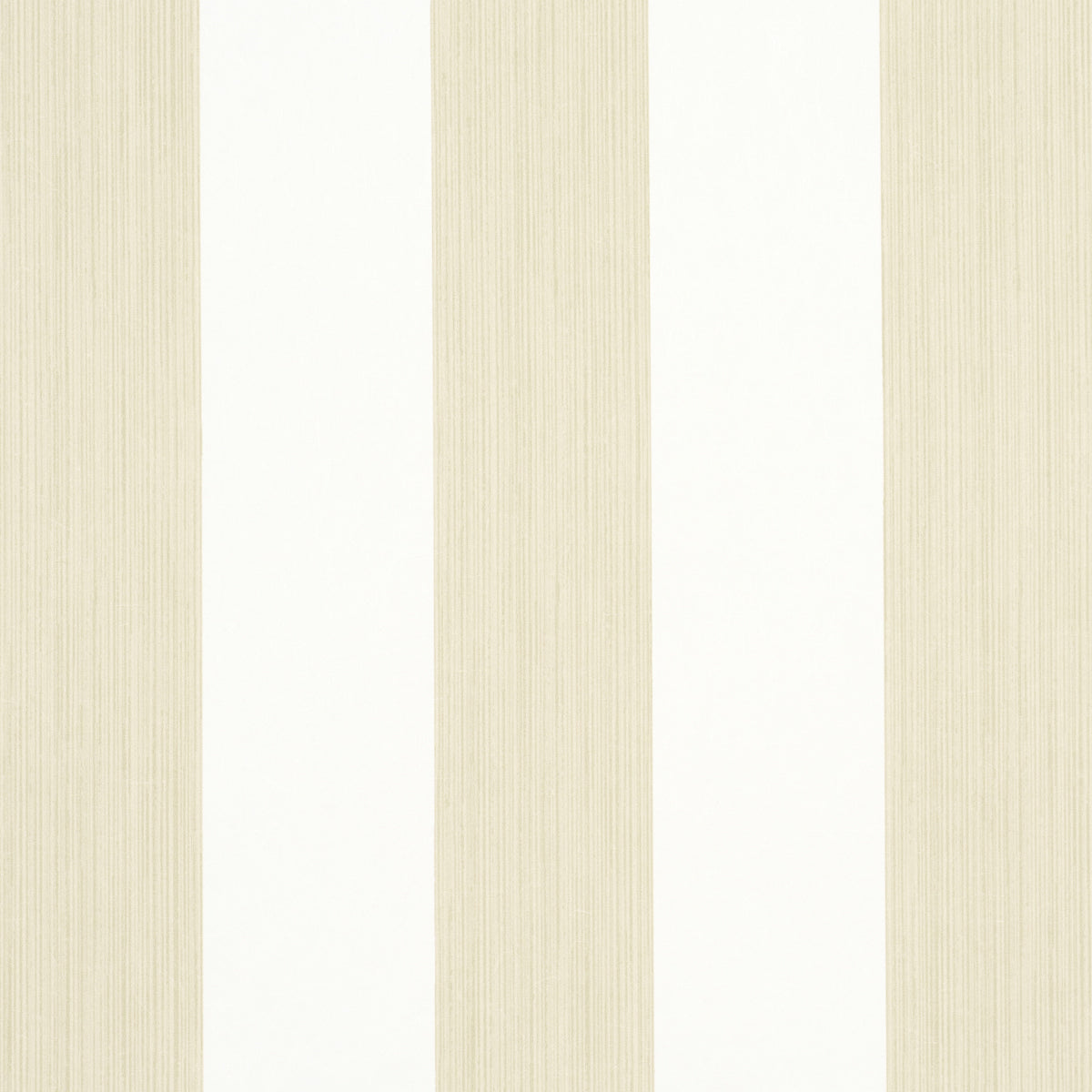 Edwin Stripe Wide wallpaper in Straw by Schumacher, wide vertical beige and white stripes, shown in interior and detail views.