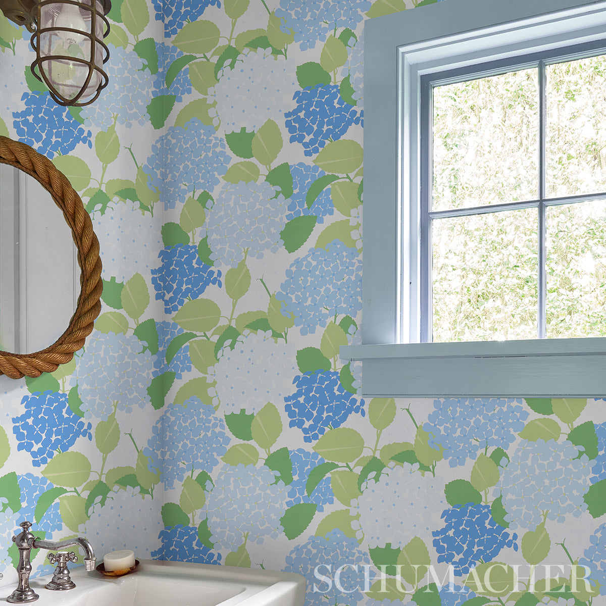 Hydrangea Porcelain Blue and Green by Schumacher Full Bloom Floral Wallpaper – Schumacher 5013630