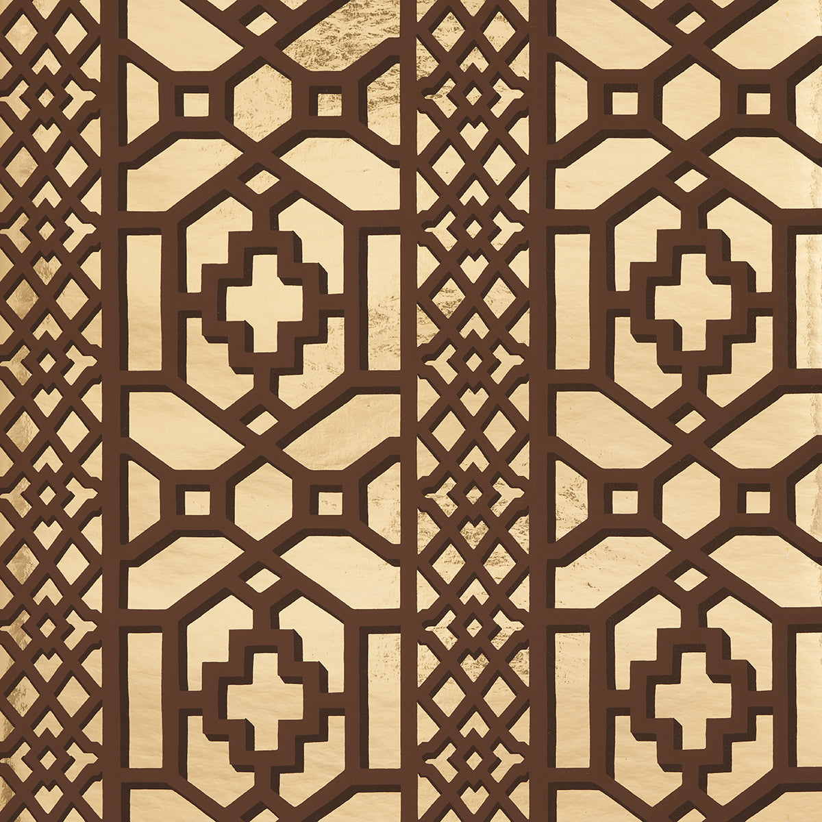 Zanzibar Trellis Mylar wallpaper in gold mylar, a glamorous geometric fretwork pattern by Schumacher.