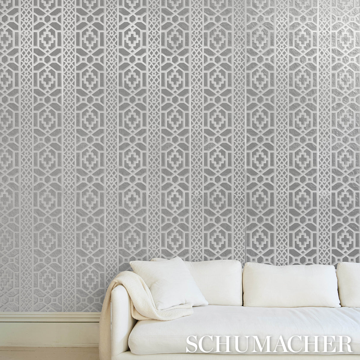 Zanzibar Trellis Mylar Silver Mylar Wallpaper – Schumacher 5013641