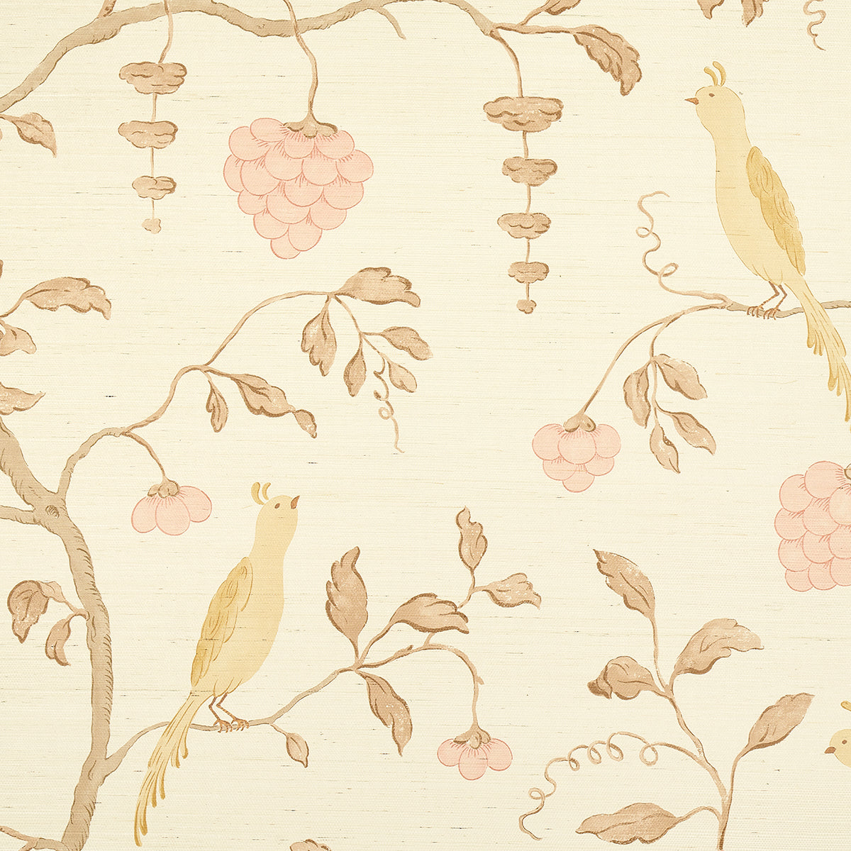 Wisteria Sisal wallpaper in amber and rose, featuring hand-painted birds and wisteria vines on textured sisal background.