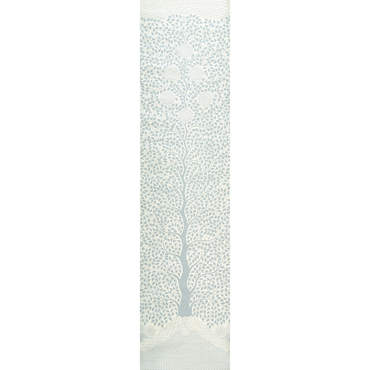 Kayon Sisal Panel in Soft Blue - Schumacher wallpaper panel with graphic floral pattern on textured Haruki Sisal, shown in interior and close-up views.