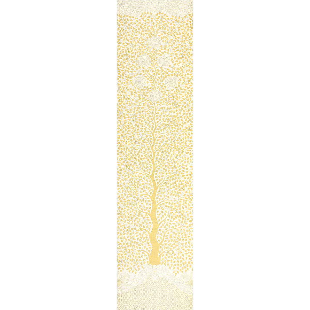 Kayon Sisal Panel in soft yellow, a graphic floral wallpaper panel with stylized flowers and foliage on textured sisal.