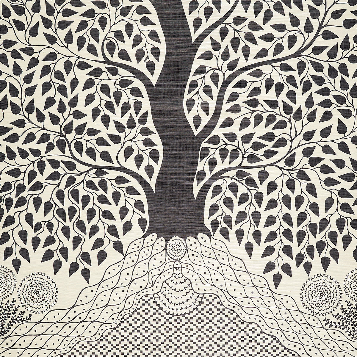 Kayon Sisal Panel Black by Schumacher Graphic Floral Wallpaper Panel – Schumacher 5013723