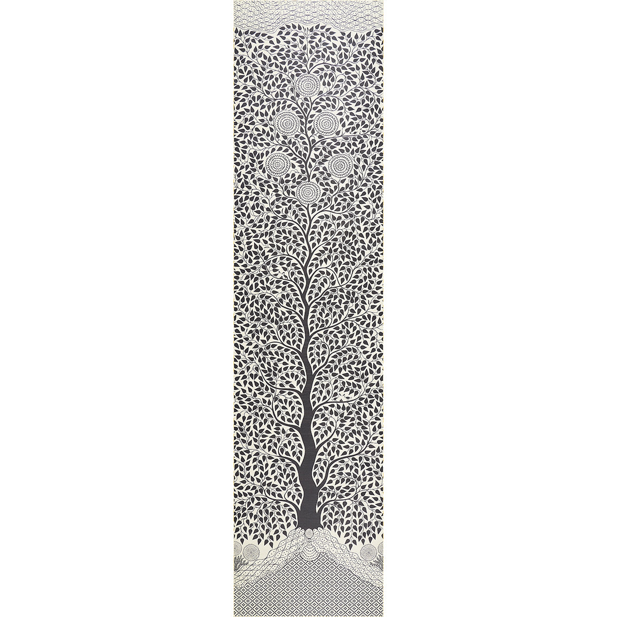 Kayon Sisal Panel in black, a graphic floral wallpaper panel with stylized flowers and dense foliage on textured Haruki Sisal.