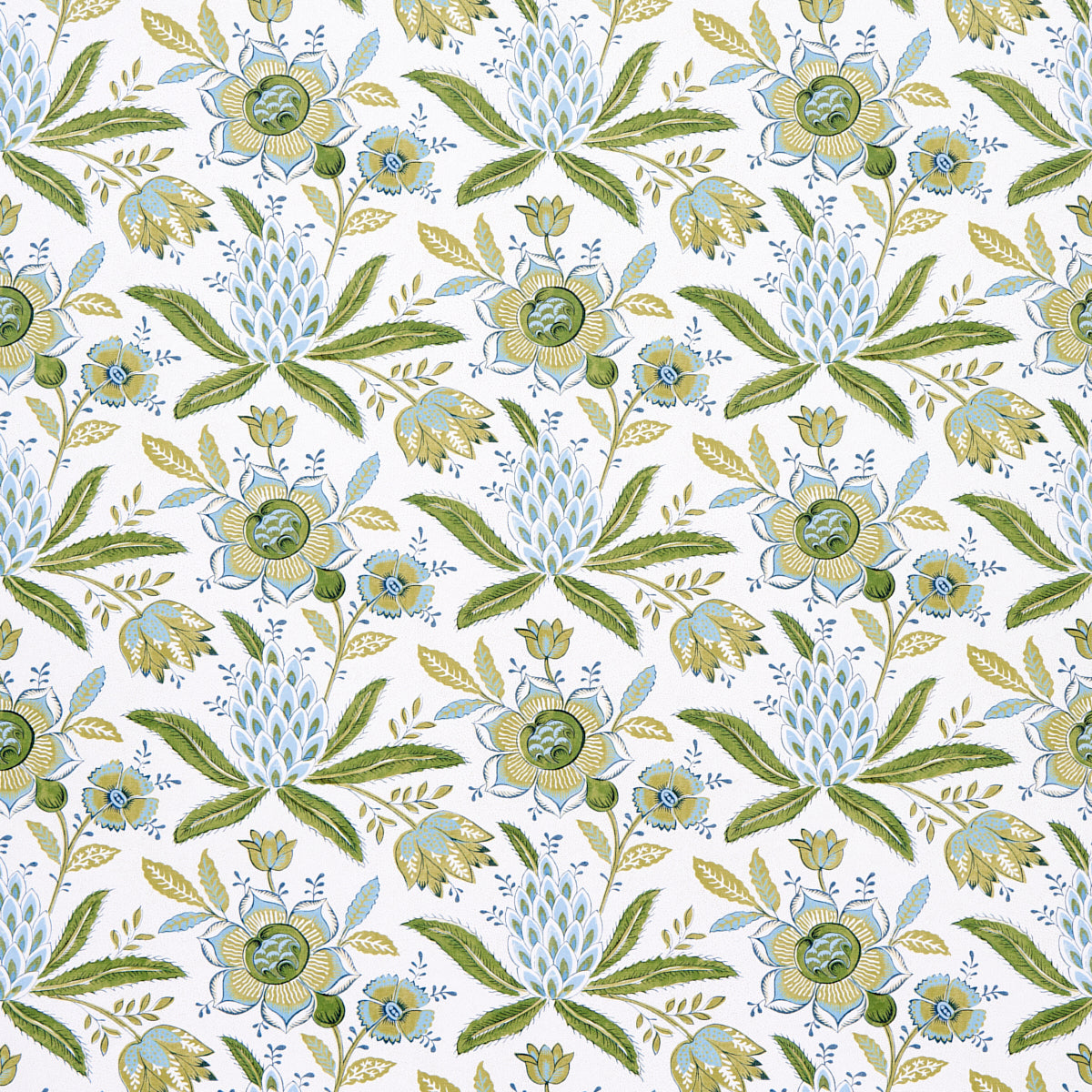 Lafayette Botanical wallpaper in Moss by Schumacher, featuring an exuberant floral and pineapple pattern in green and blue tones.