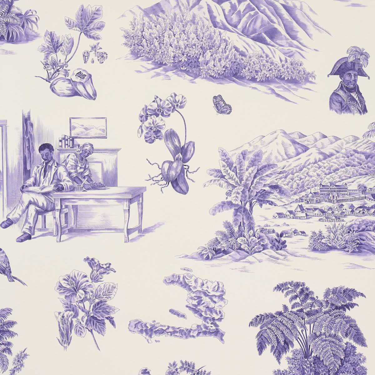 Toussaint Toile wallpaper in purple on cream by Victor Glemaud for Schumacher, featuring Caribbean-inspired scenic toile with historic and botanical motifs.
