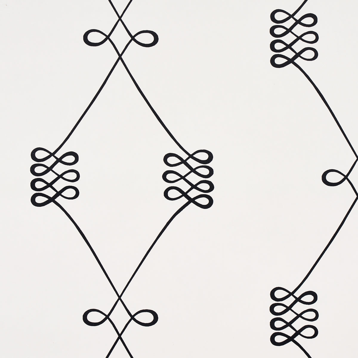 Nicolette wallpaper in black on cream, featuring a swirling trellis motif by Schumacher.