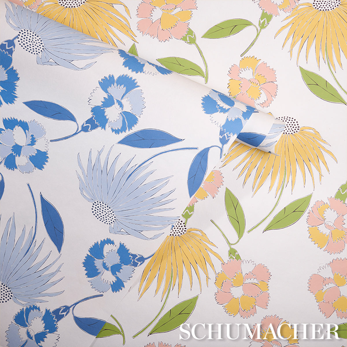 Bouquet Toss Afternoon Blue by Celerie Kemble Retro Floral Wallpaper – Schumacher 5013841
