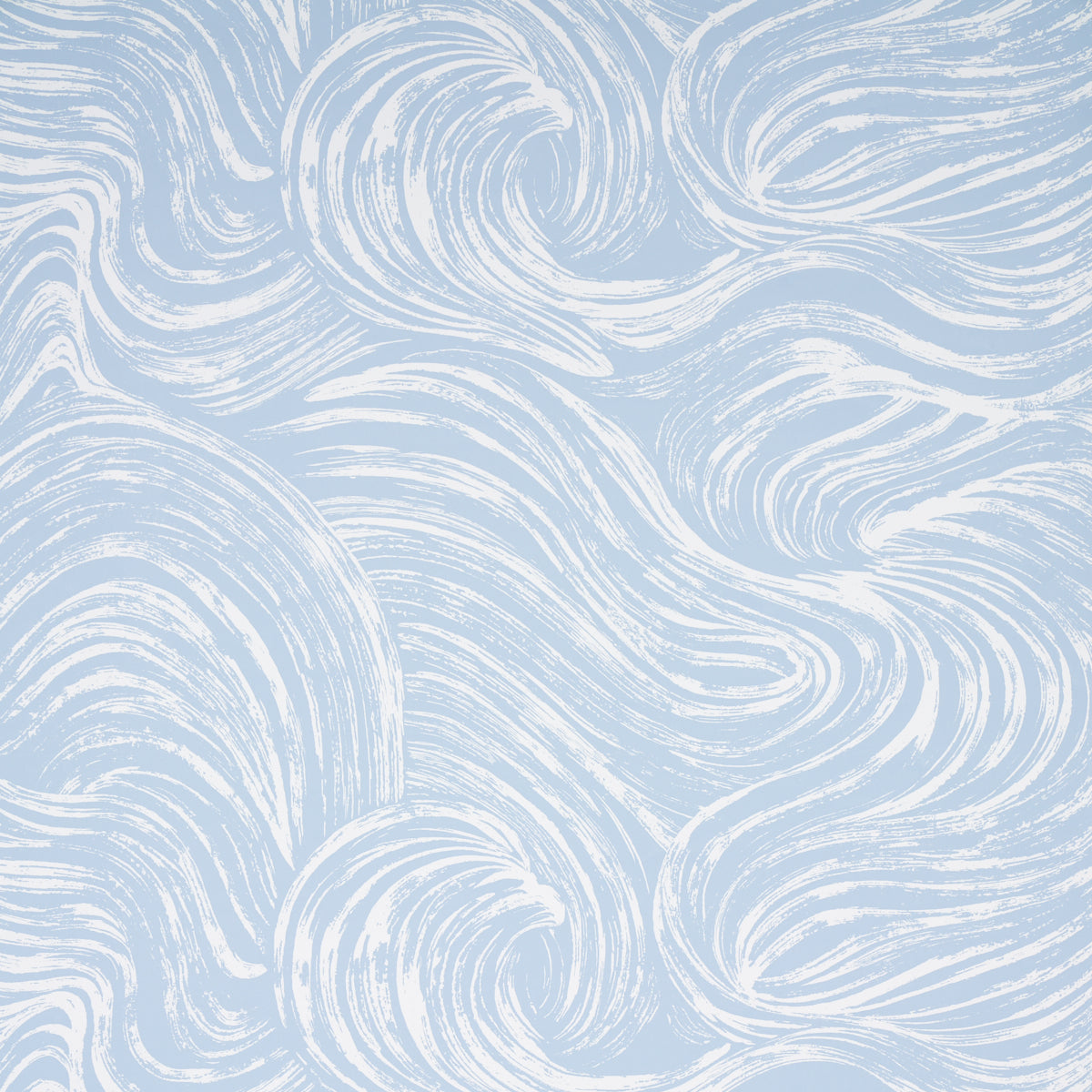 SHIO wallpaper in Sky by Schumacher, featuring a swirling abstract pattern in light blue and white.