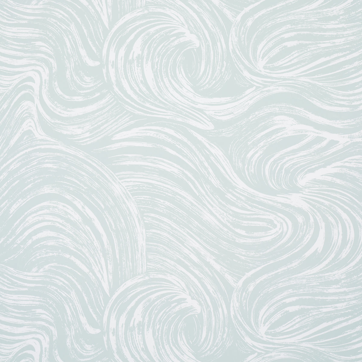 Shio Mineral wallpaper by Schumacher featuring a swirling abstract pattern in soft mineral blue and white tones.