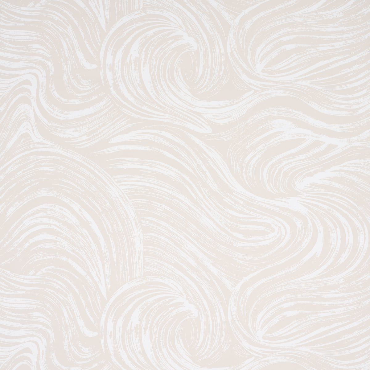 Neutral abstract swirl pattern wallpaper from Schumacher's Full Bloom collection, shown in a styled bedroom setting.