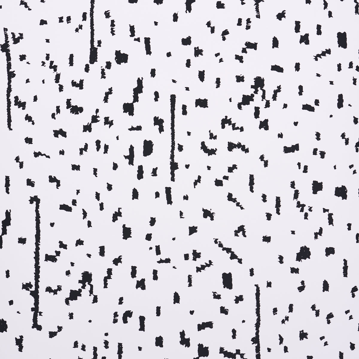 BESPOTTED wallpaper in black and white abstract spotted pattern by Schumacher, shown in a modern living room setting.