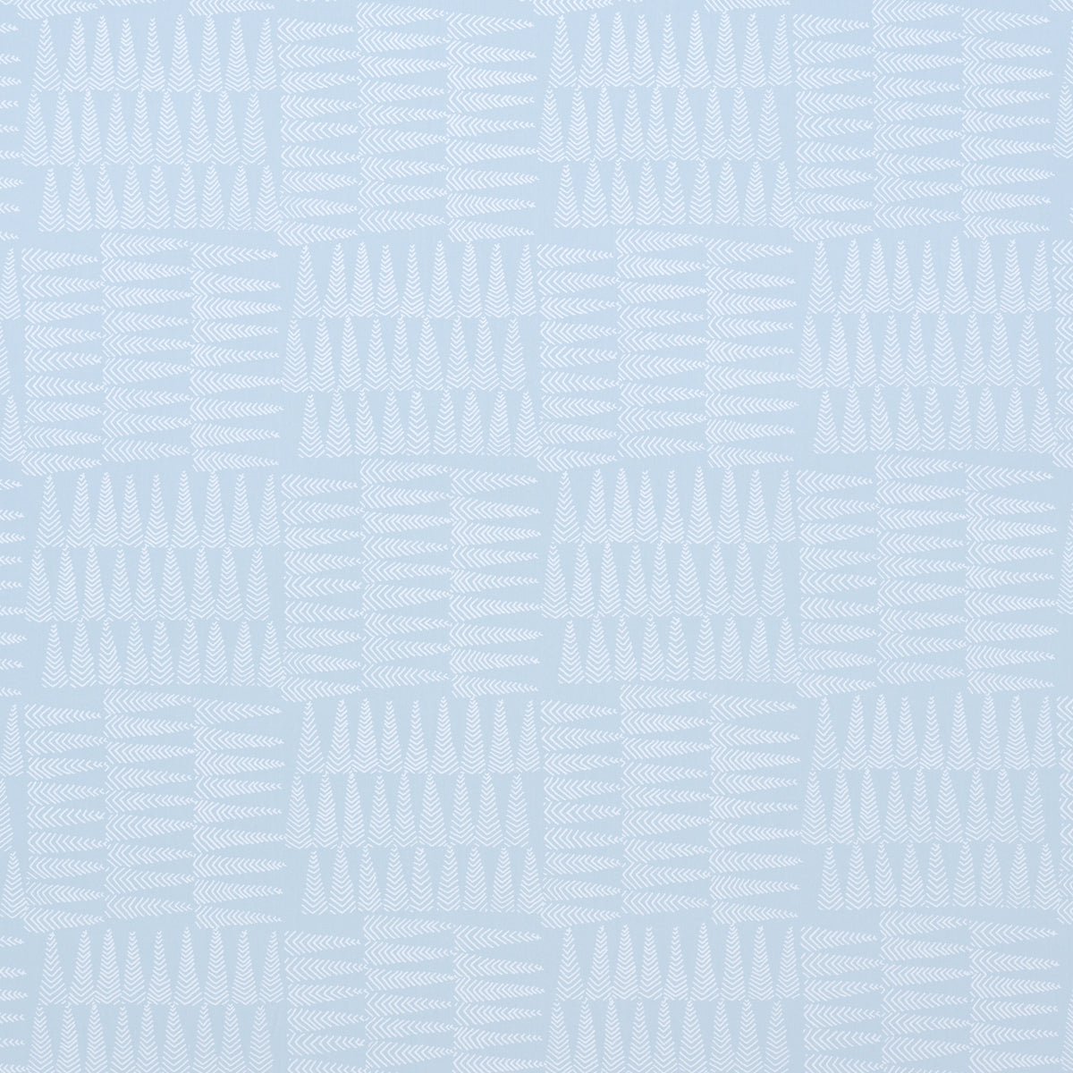 Charlie Sky by Schumacher - Small-scale geometric pennant stripe wallpaper in light blue, shown in detail and in a styled bedroom setting.