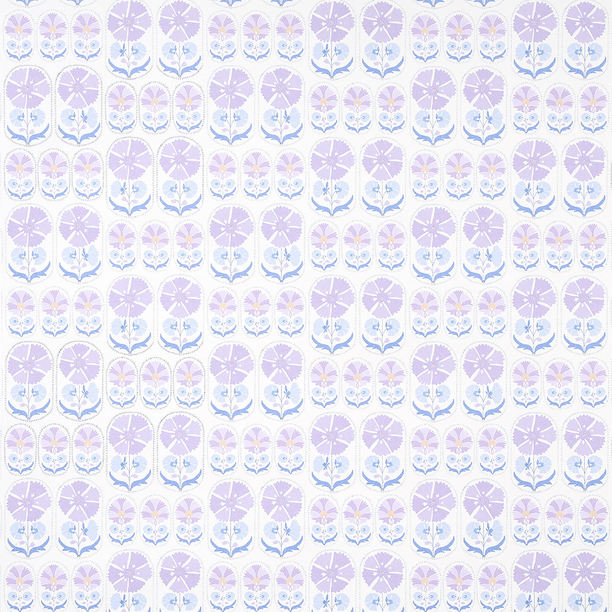 Anjuna Floral wallpaper in lilac by Schumacher, inspired by antique Suzani textiles with stylized floral motifs in purple and blue tones.