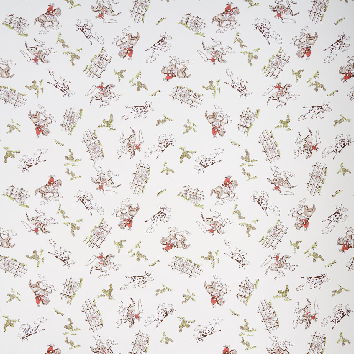 Wild West wallpaper in cream by Schumacher, featuring playful vintage cowboys and cowgirls in a whimsical Western scene.