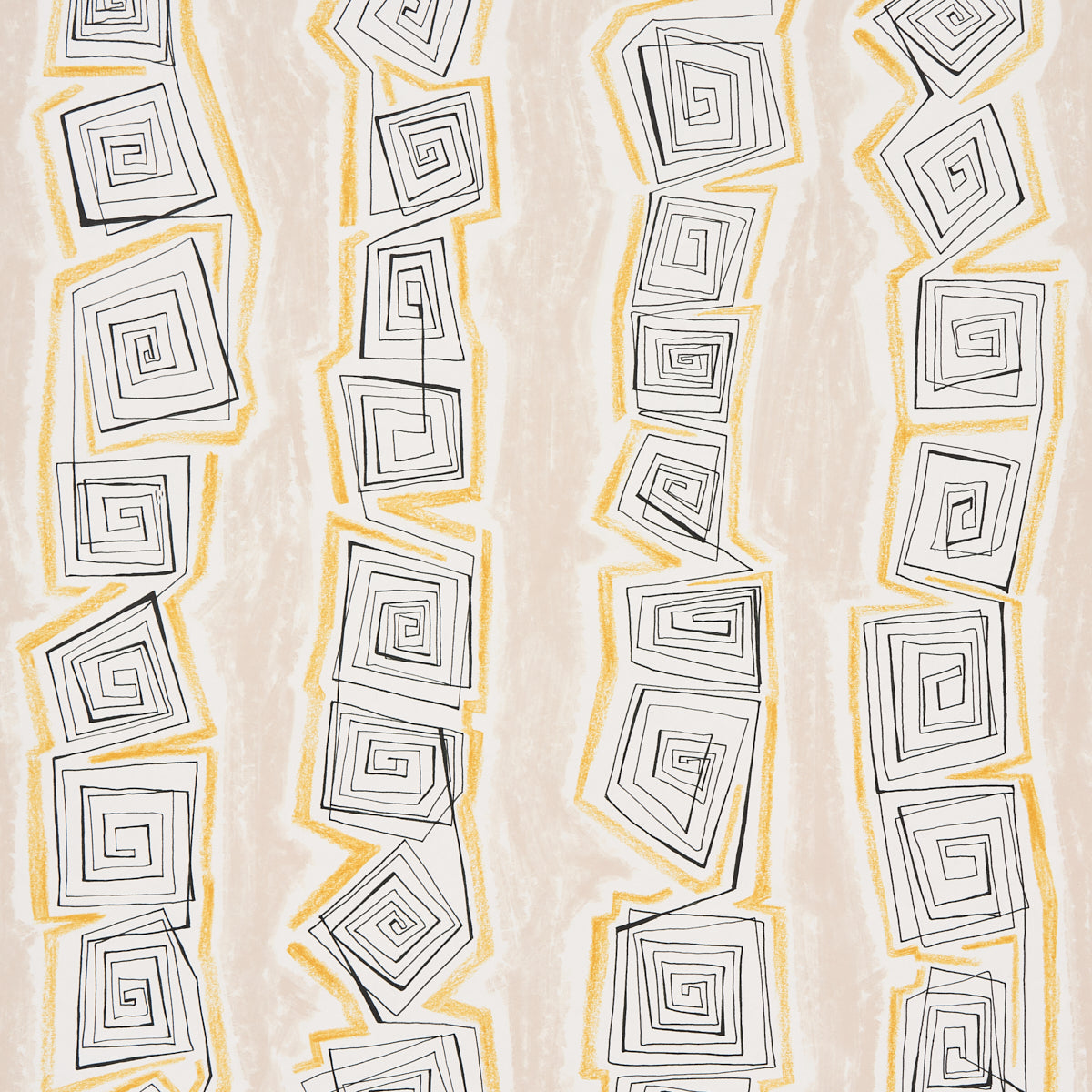 Taboo wallpaper in warm beige by Schumacher, featuring abstract hand-drawn spiral stripes in black and yellow on a beige background, shown in a modern living room setting.