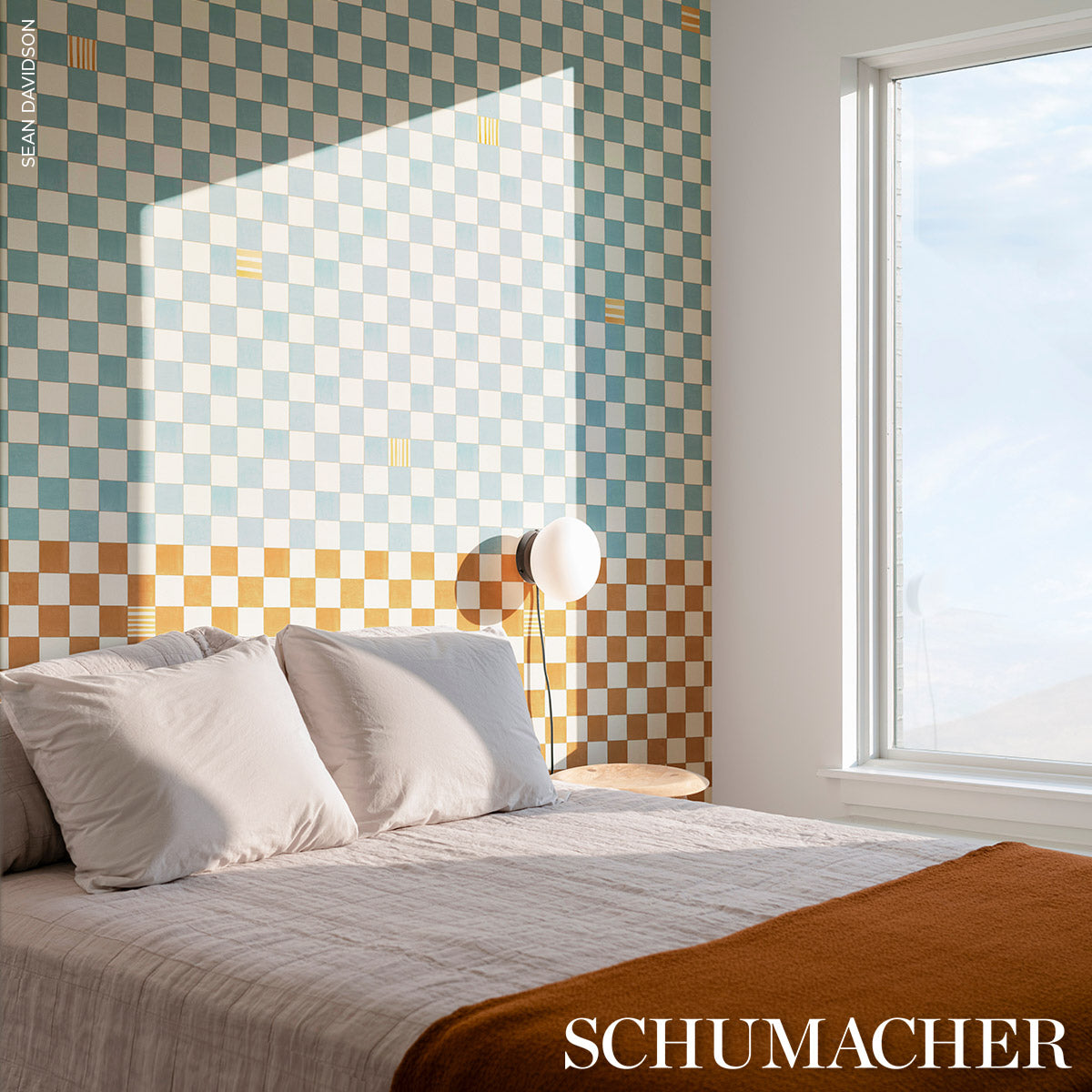 Gambit Panel Teal & Earthy Brown by Backdrop Painterly Checkered Wallpaper – Schumacher 5014260