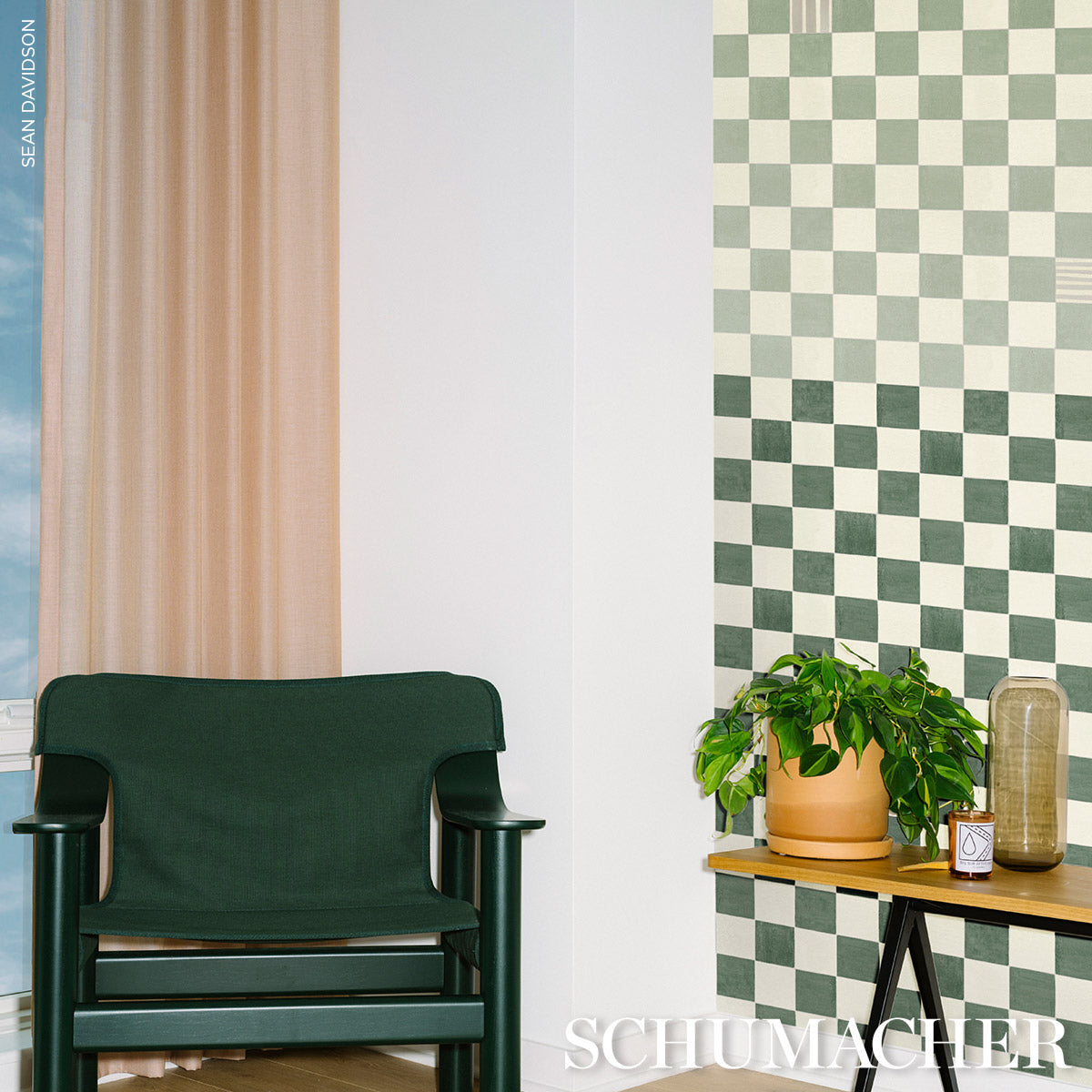 Gambit Panel Sage & Deep Green by Schumacher Painterly Checkered Wallpaper Panel – Schumacher 5014262
