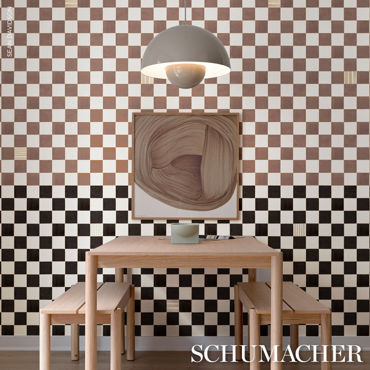 Gambit Panel Cocoa & Charcoal by Schumacher Painterly Checkered Wallpaper Panel – Schumacher 5014263