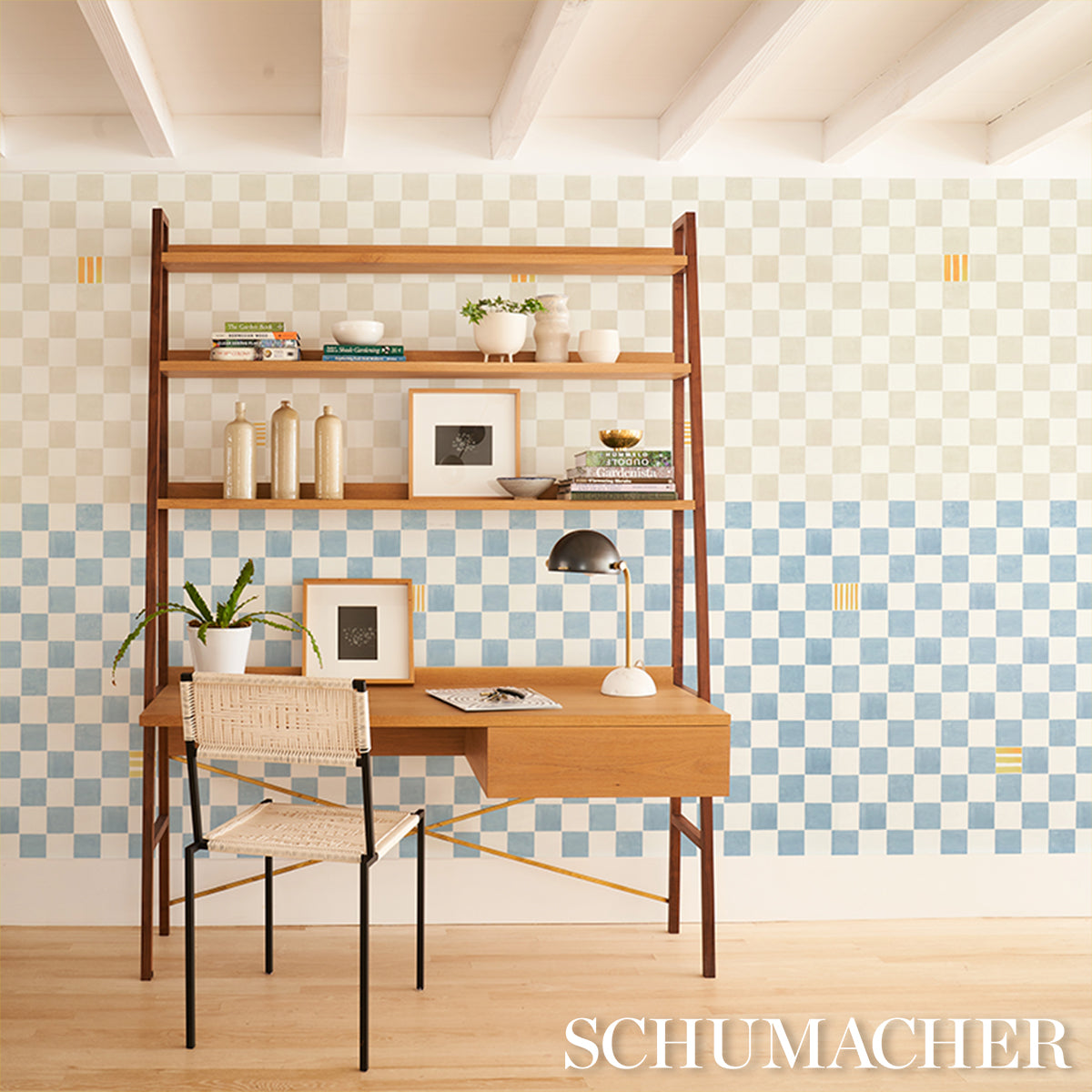 Gambit Panel Sand & Soft Blue by Schumacher Painterly Checkered Wallpaper Panel – 5014264