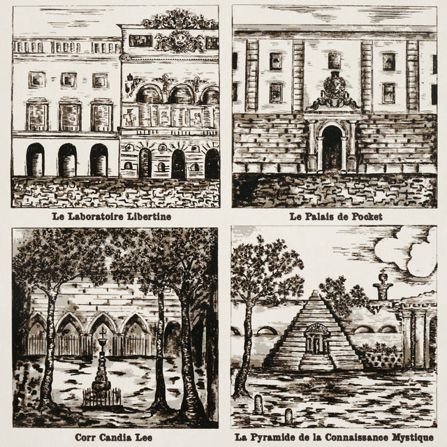 Architectural vignette wallpaper in newsprint colorway by Johnson Hartig for Schumacher, featuring hand-colored trompe l'oeil grid design.