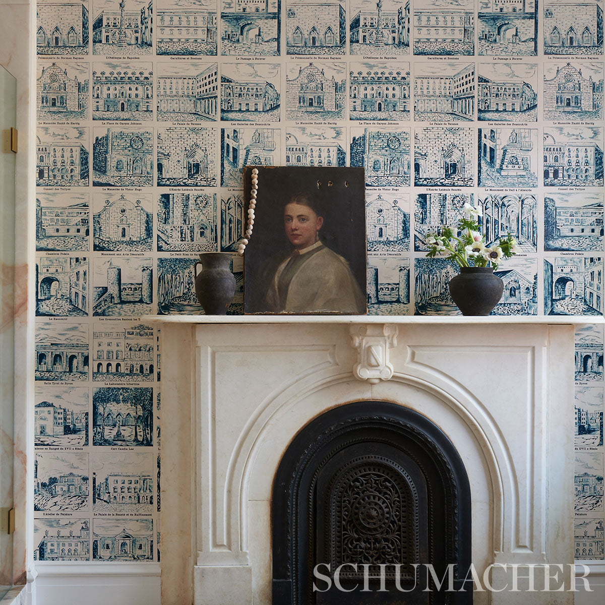 Architecturra Teal by Johnson Hartig Architectural Vignette Wallpaper – Schumacher 5014272