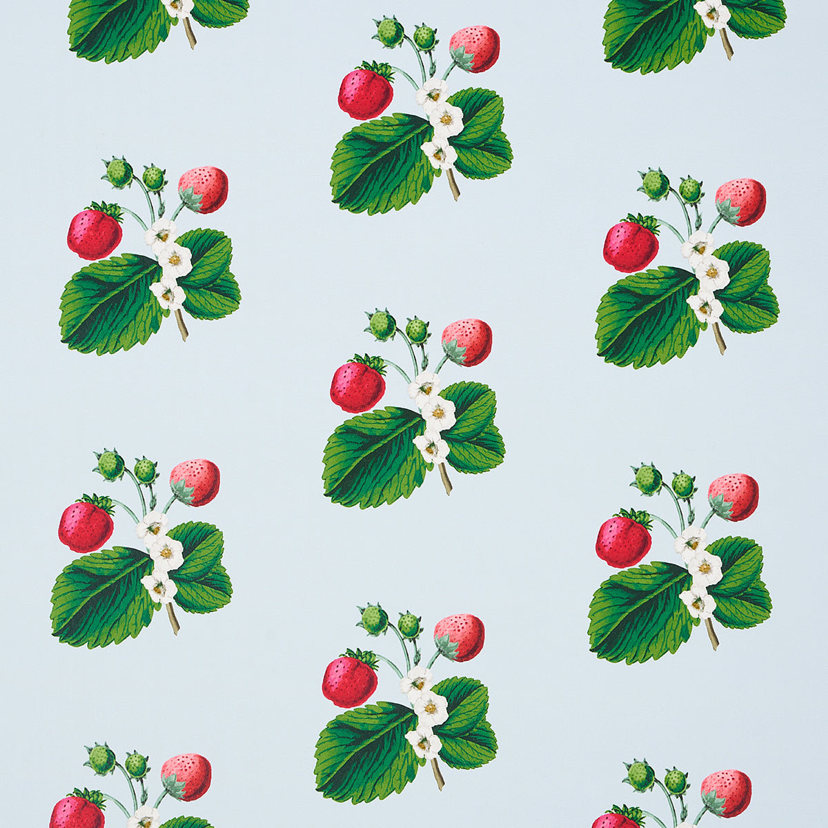 Strawberry Hill blue wallpaper by Schumacher, featuring a playful pattern of strawberries and leaves on a light blue background, designed by Johnson Hartig.
