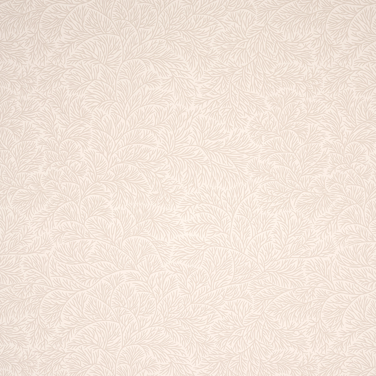 Bougainvillea Neutral wallpaper by Schumacher in a subtle botanical pattern, shown in a styled bedroom and close-up detail.